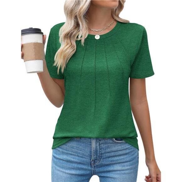 Women's Casual Crew Neck Short Sleeve Pleated Blouse Tops - Picture 1 of 6